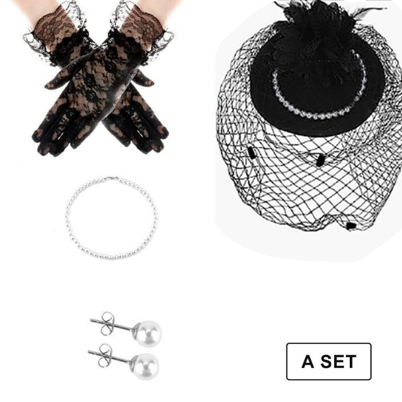 1920s Fascinator Headpiece Set for Party Wedding with Gloves Necklace Feathered Lace Flapper Headwear for Theme Party