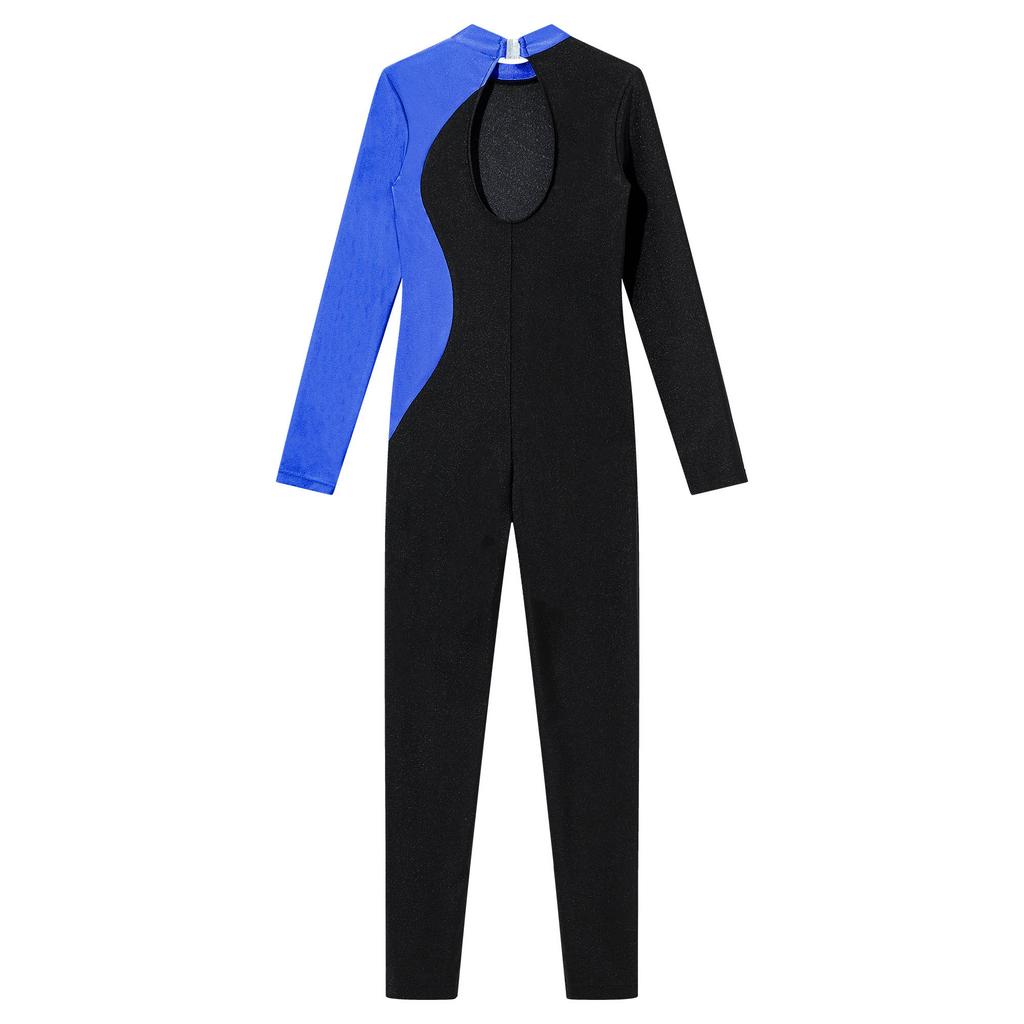 All-in-One Dance Costume for Girls: Complete Jumpsuit with Rhinestones, Hollow Back & Patchwork for Practice and Performance