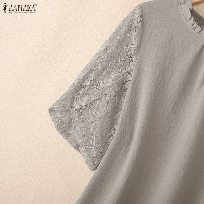 ZANZEA Women Casual Round Neck Lace Splice Half Sleeve Blouse