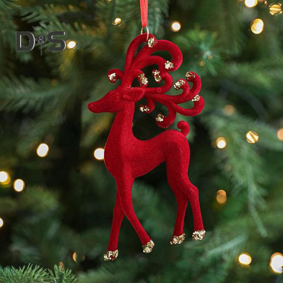 Christmas Ornaments Red Flocking Candy Cane Reindeer Bow Snowflake Hanging Decoration for Tree Home Decor