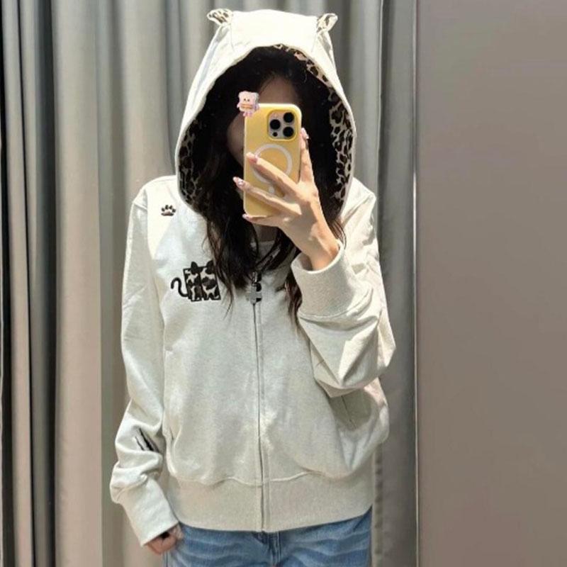 Little Devil Leopard Print Embroidered Hooded Sweatshirt Women Autumn Winter New Cardigan Short Jacket