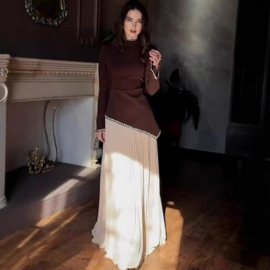 2026 Autumn European & American Solid Color Long Dress with Elegant Hot Drilling - French Two-Piece Set.