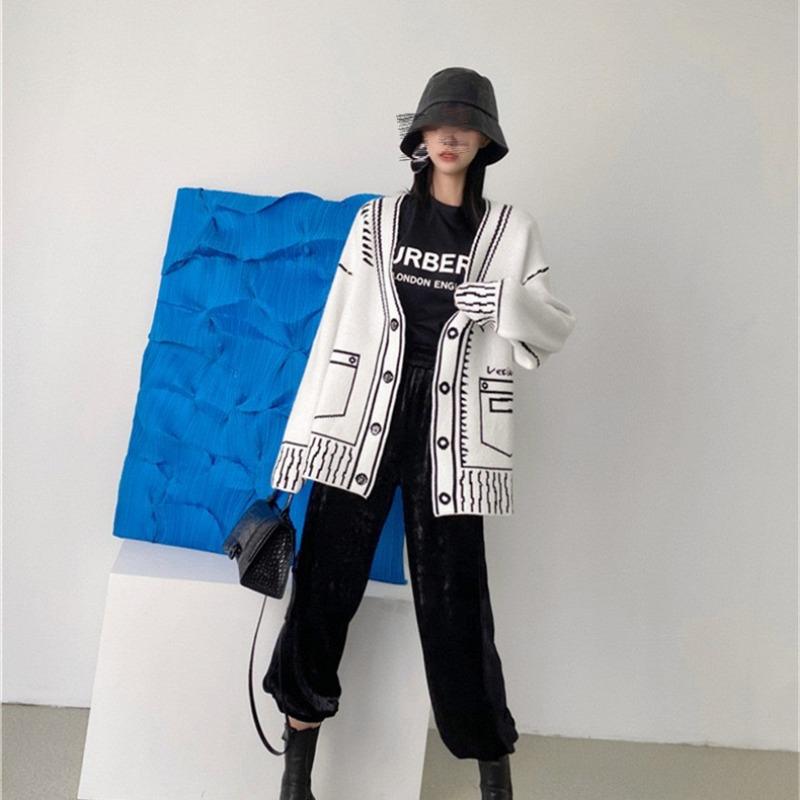 Graffiti Casual Knitted Sweater Cardigan Women New Autumn and Winter Long Sleeve Loose Women's Cardigans Jacket V Neck Vintage Pockets Sweaters 25290