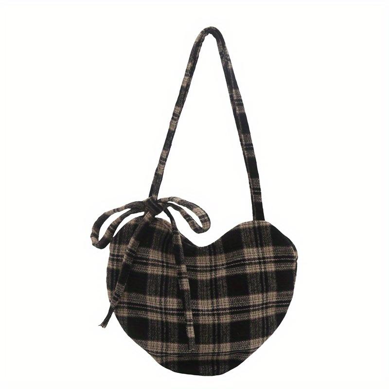 Women S Heart-Shaped Crossbody Bag with Bow & Plaid Pattern - Minimalist Handbag, Fixed Strap & Magnetic Closure чёрный