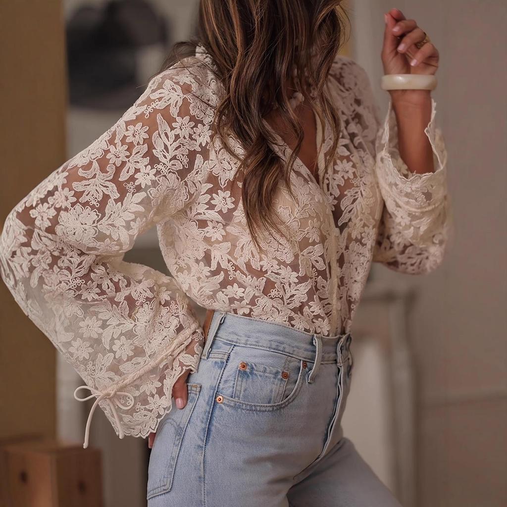 In Stock 2025 Elegant High-Grade Patchwork Hollow Embroidery Lace Shirt for Women