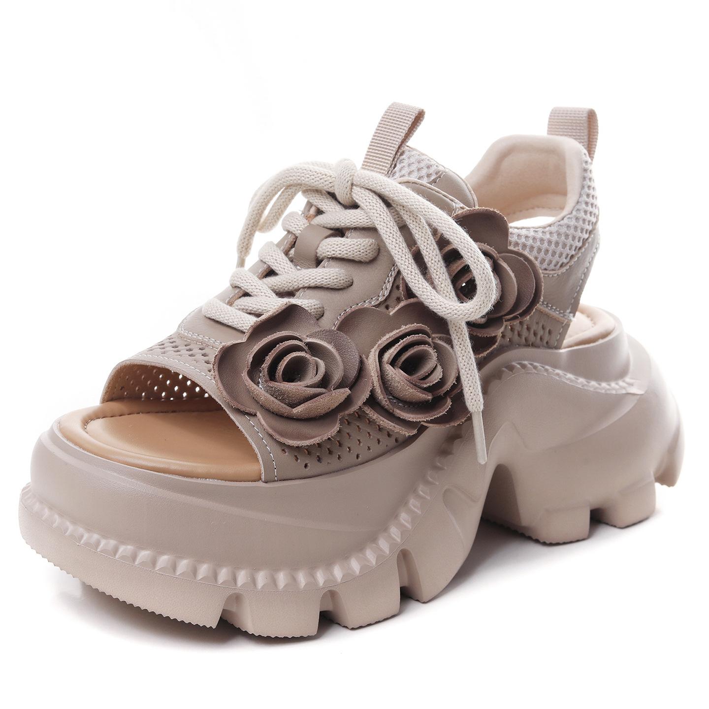 

Johnature Туфли-клинья на толстой подошве, сандалии с открытым носком, дышащие, из натуральной кожи, с цветком, женская обувь 39 слоновая кость