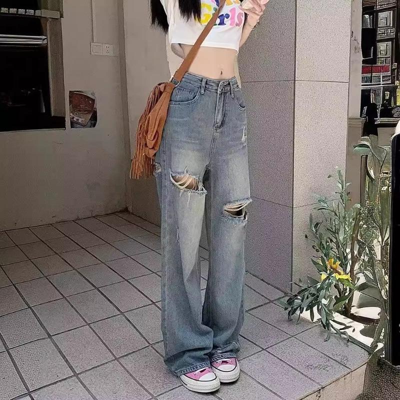 Vintage Ripped Jeans Damen Straight-Leg-Hose mit weitem Bein Mop