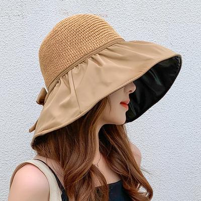 Chapeau d'été à nœud noir et colle pare-soleil pour femmes, chapeau de paille ajouré, protection UV, large bord, pare-soleil, casquette faciale, soleil, pêche