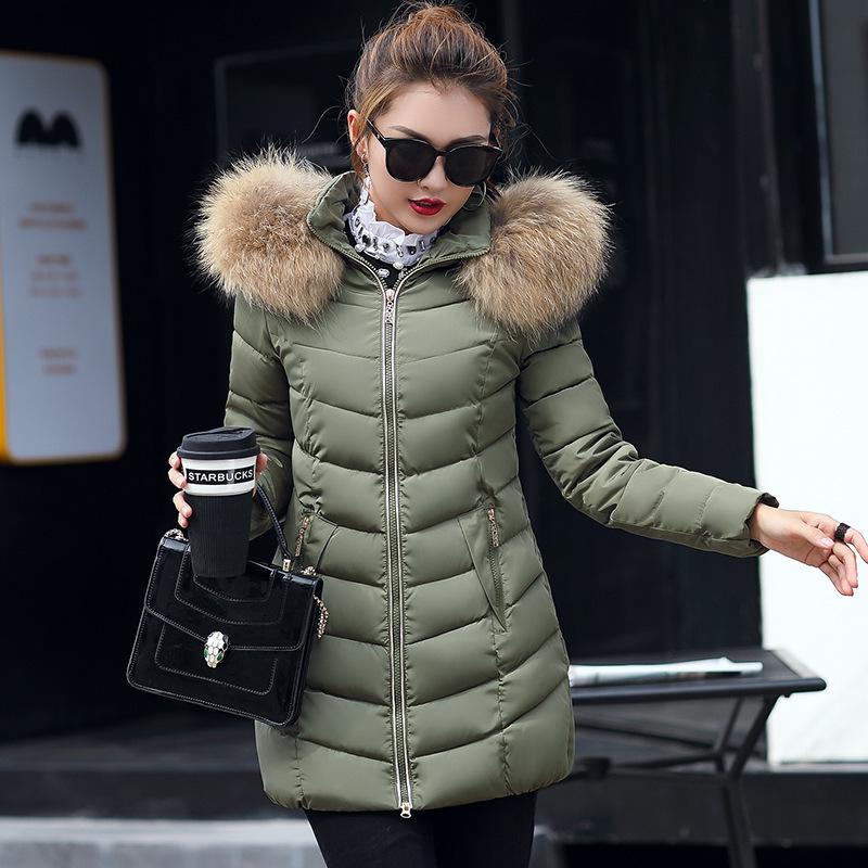 Basic medium and long slim-fitting cotton-padded clothes women's large fur collar stand-up collar cotton-padded jacket, solid color simple and light t