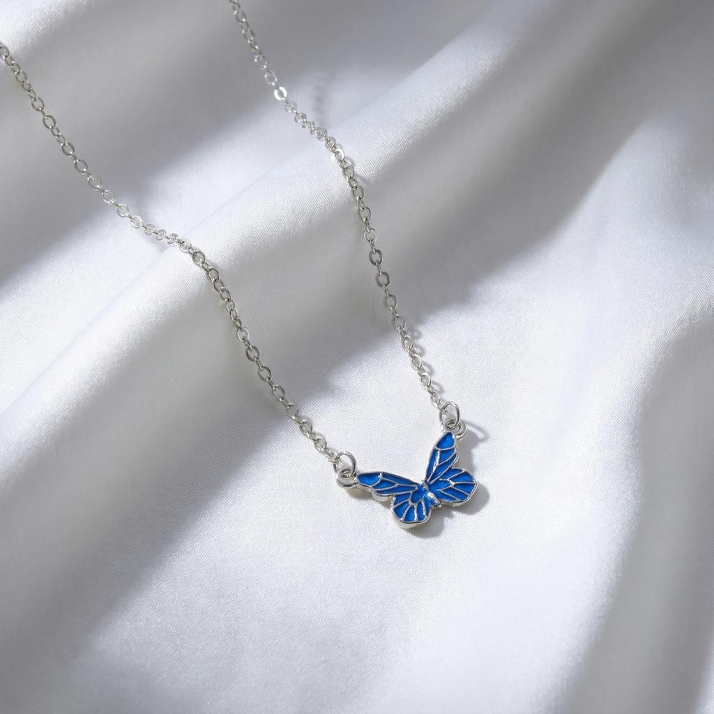 Dainty Fairycore Blue Butterfly Pendant Necklace for Women Summer Beach Silver Color Clavicle Chain Y2K Aesthetic Jewelry Gift