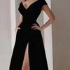 Women's Off Shoulder High Split Maxi Dress Sexy V Neck Long Prom Dress Formal Cocktail Party Evening Gown with Train