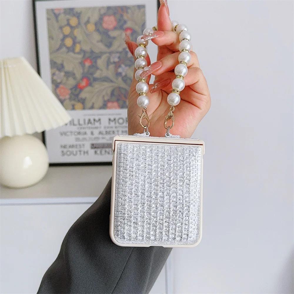 Luxury Leather Bead Wrist Strap Phone Case for Samsung Galaxy Z Flip 6 5 4 3 Flip5 Flip4 Flip3 5G Protective Shockproof 5G Cover