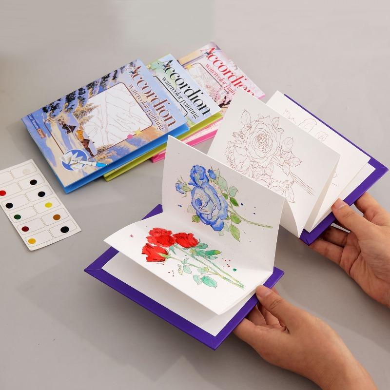 Folded Watercolor Coloring Line Drawing Book Comes with Paints Brushes Notebook Beginners Coloring Doodle Copying Illustrations