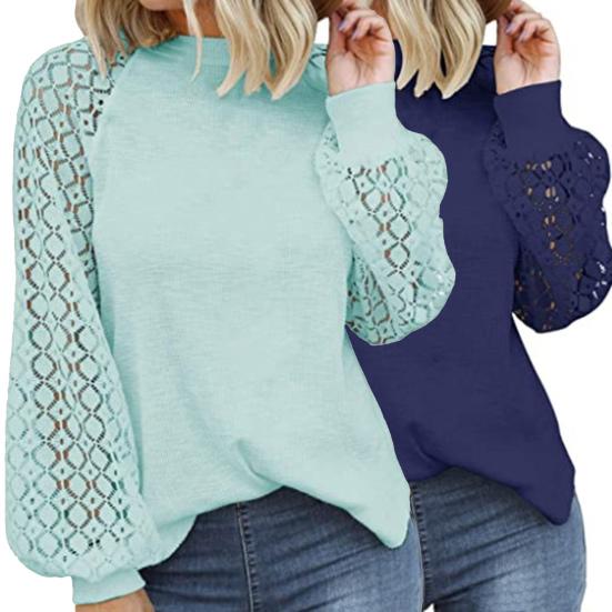 

Кружевная лоскутная повседневная блузка с длинным рукавом, простая женская рубашка с круглым вырезом, уличная одежда XL