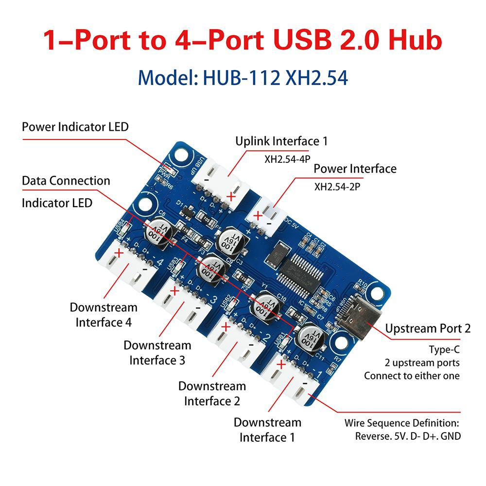 1 to 4 Port USB 2.0 HUB Splitter USB 2.0 Hub expansion Module XH2.54 PH2.0 480Mbps transfer rate DC 5V independent power supply