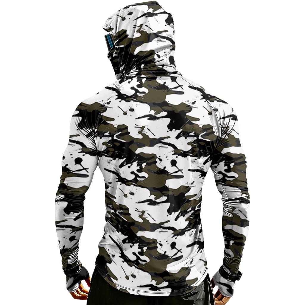 Men’s Long Sleeve Hooded Shirt with Face Cover Leaf Print Lightweight Breathable Quick Dry Athletic Top for Outdoor Sports Fishing Running Hiking