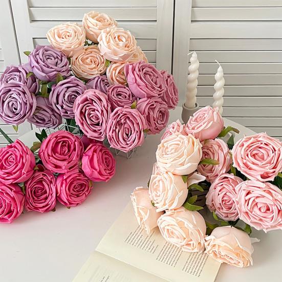 Artificial Rose Flower for Flower Arrangement 7 Heads Full Blooms Faux Silk Rose Bouquet with Stem for Home Office Party Wedding Decoration