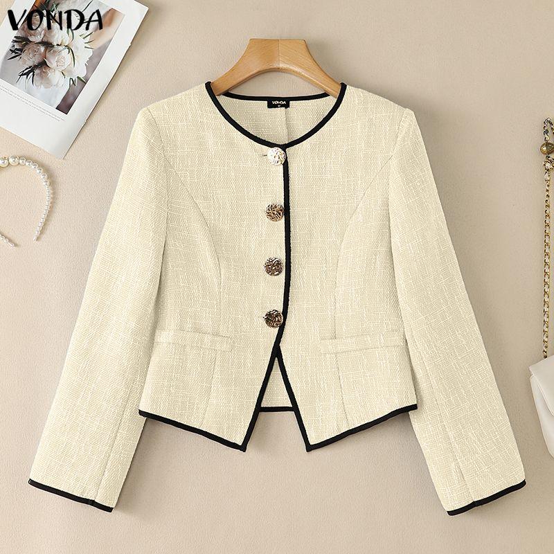 VONDA Women Elegant Long Sleeve O Neck Contrast Trim Peplum Blazer Cardigan