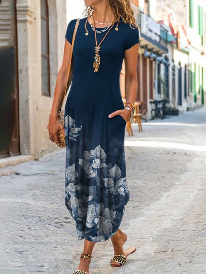 Women s Round Neck Pocket Short Sleeve Print Dress - 2026 Trendy Style S