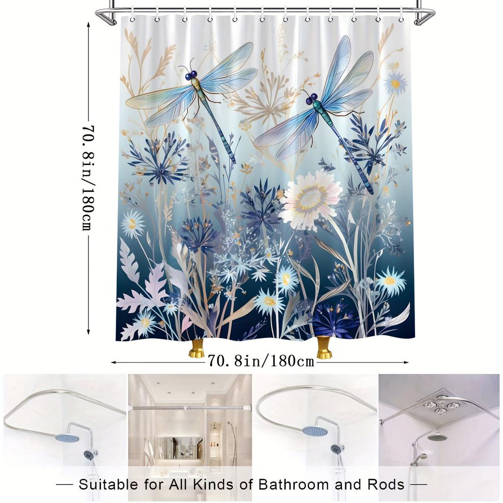 1pc Dragonfly Floral Pattern Shower Curtain, Shower Curtain with Hooks, Bathtub Partition, Bathroom Decor, Bathroom Accessories