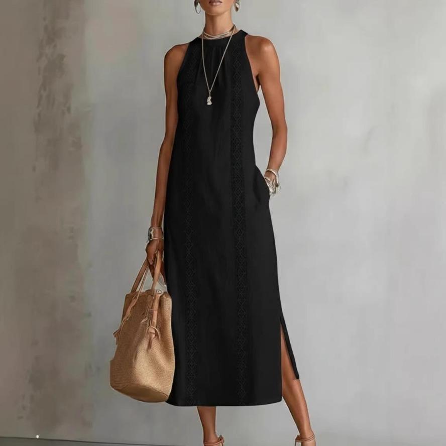 YYFS Women's Fashion Summer Spring Solid Color Print Sleeveless O-Neck Loose Waistline Casual Dresses