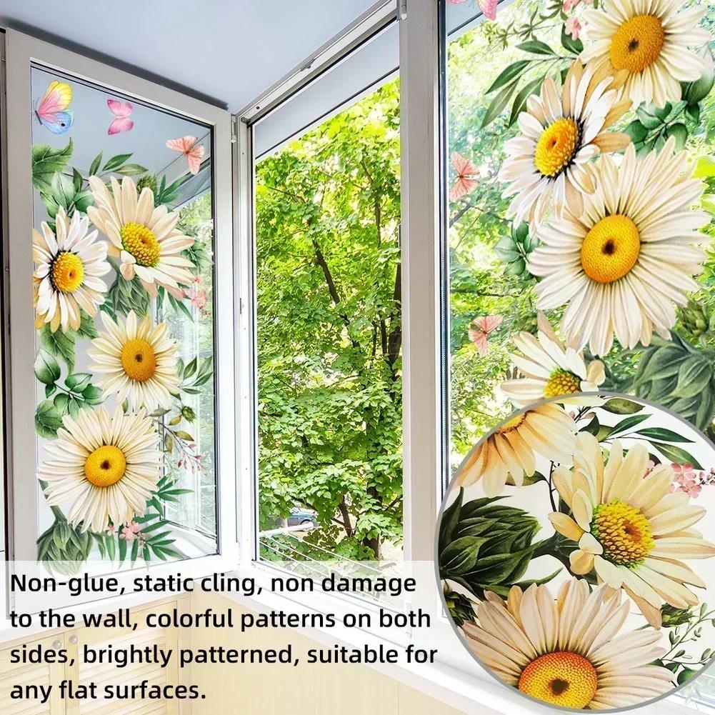 Window Stickers Daisy Butterfly Design for Home Kitchen Bathroom Office 2 Pieces Static Cling Easy Application