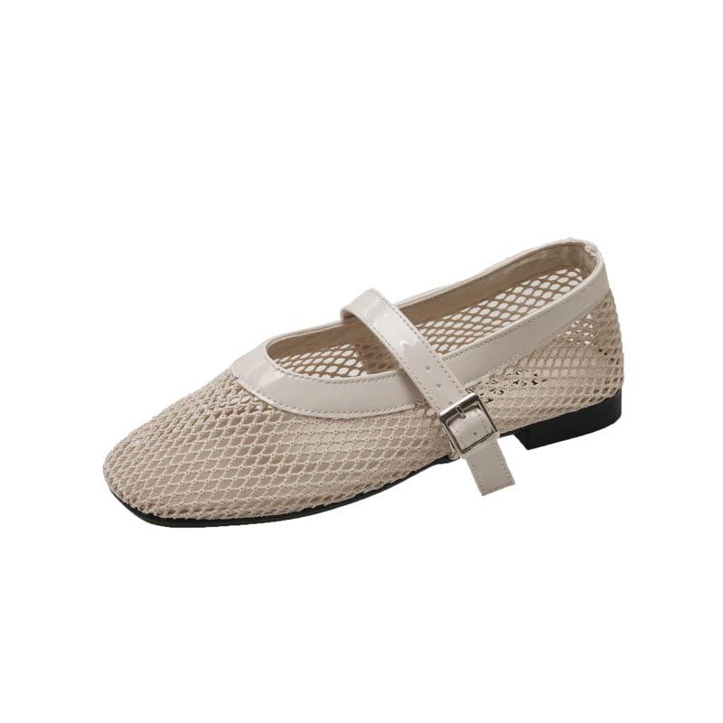 Vintage Round Head Mesh Breathable Mary Jane Women's Shoes Thick Heel One-word Buckle with Light Mouth Ballet Shoes Single Shoes Women