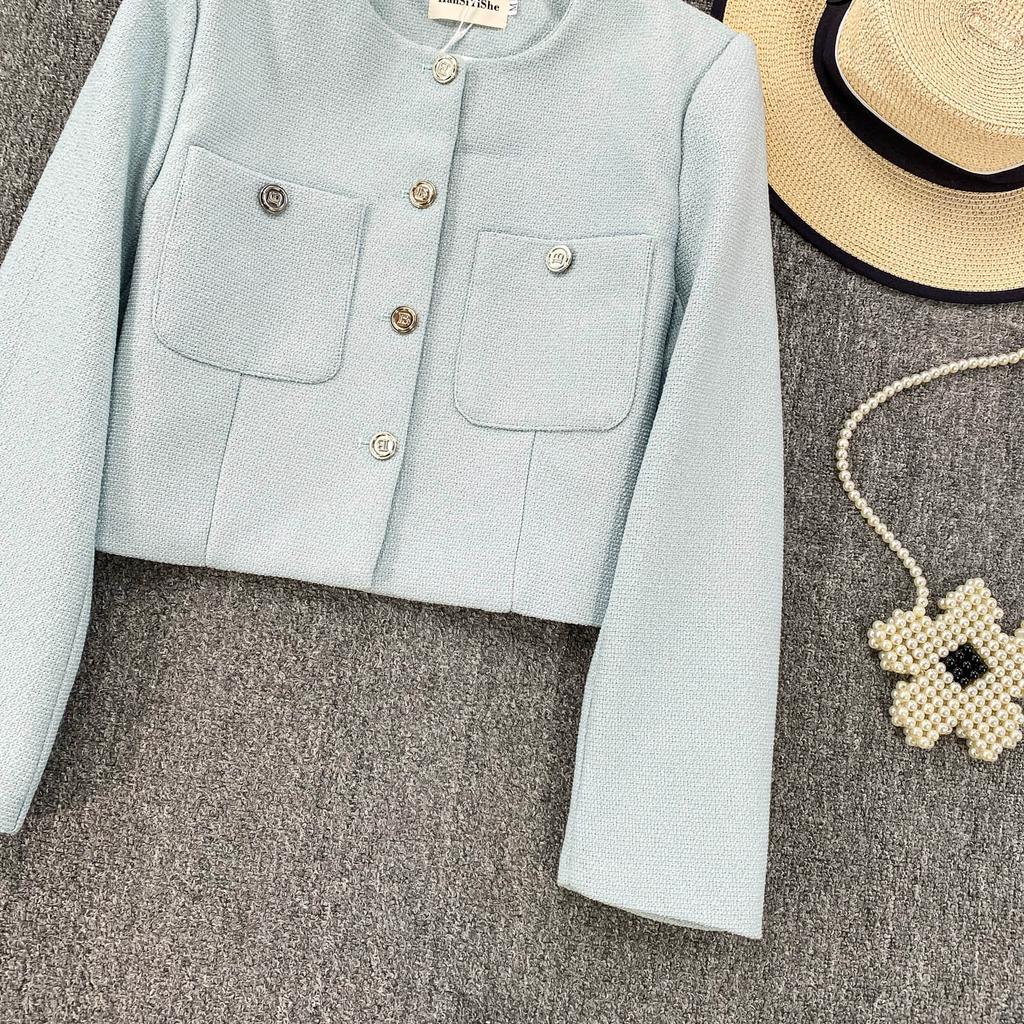 Autumn Winter Women Elegant Little Fragrant Wind Full Sleeve Single Breasted Tweed Short Jacket Coat with Pocket