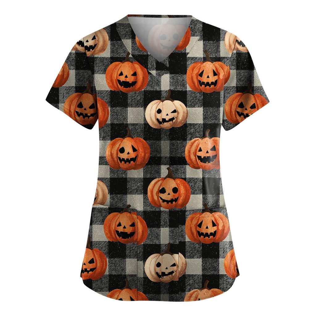 Damenmode V-Ausschnitt Kurzarm Overalls mit Taschen Halloween Bedruckte Oberteile Bekleidung