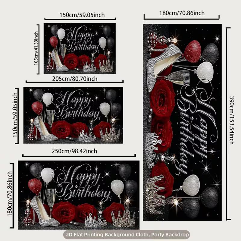 2D Black Silver Birthday Backdrop Red Rose High Heels Photo Booth Background Banner
