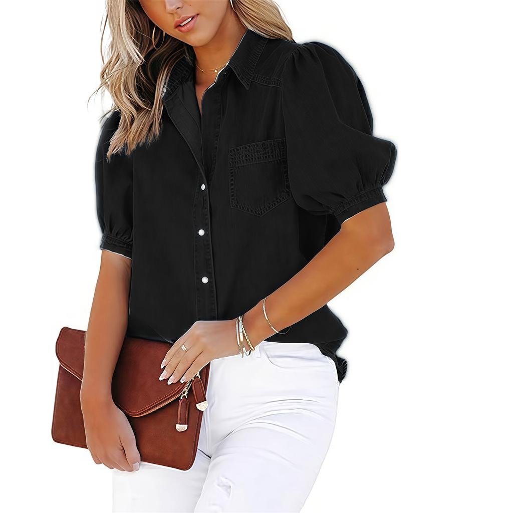 Women's Fashion Lapel Short,Sleeved Pocket Cardigan Colour Casual Shirt Top