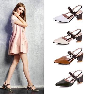 Spring/Summer 2024 Women's Pointed-Toe Thick Heel Sandals, Mid-Heel, Single Buckle, Closed Toe, Hollow Design