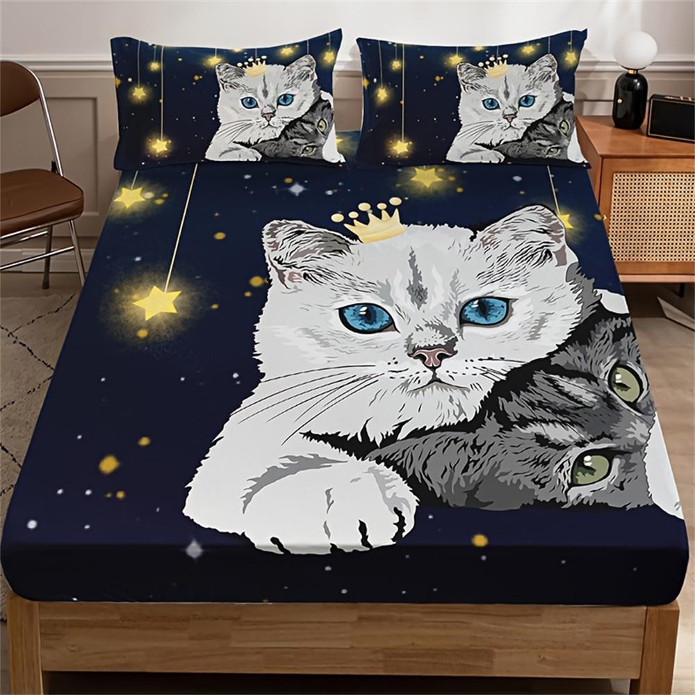 

Комплект простыней на резинке с принтом домашних кошек, 3 шт., Мягкий, удобный, дышащий, комплект постельного белья «Звездное небо», протектор для матраса, Для спальни, гостевой 152x203x25cm3pcs