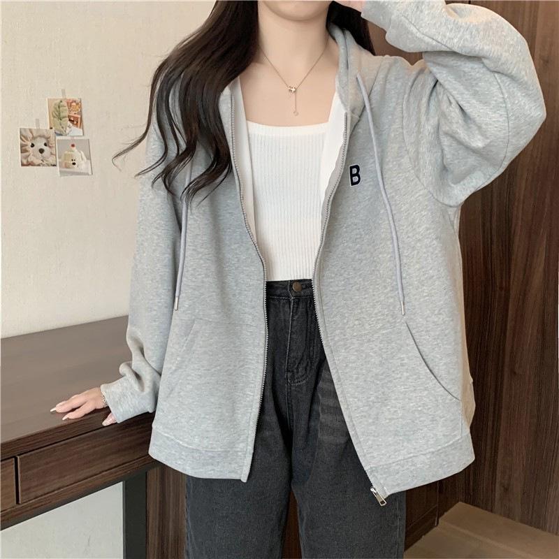 Women's Thick Fleece-Lined Hooded Zipper Cardigan - Loose Fit, Spring/Autumn 2023, Milk-Toned with Drawstrings