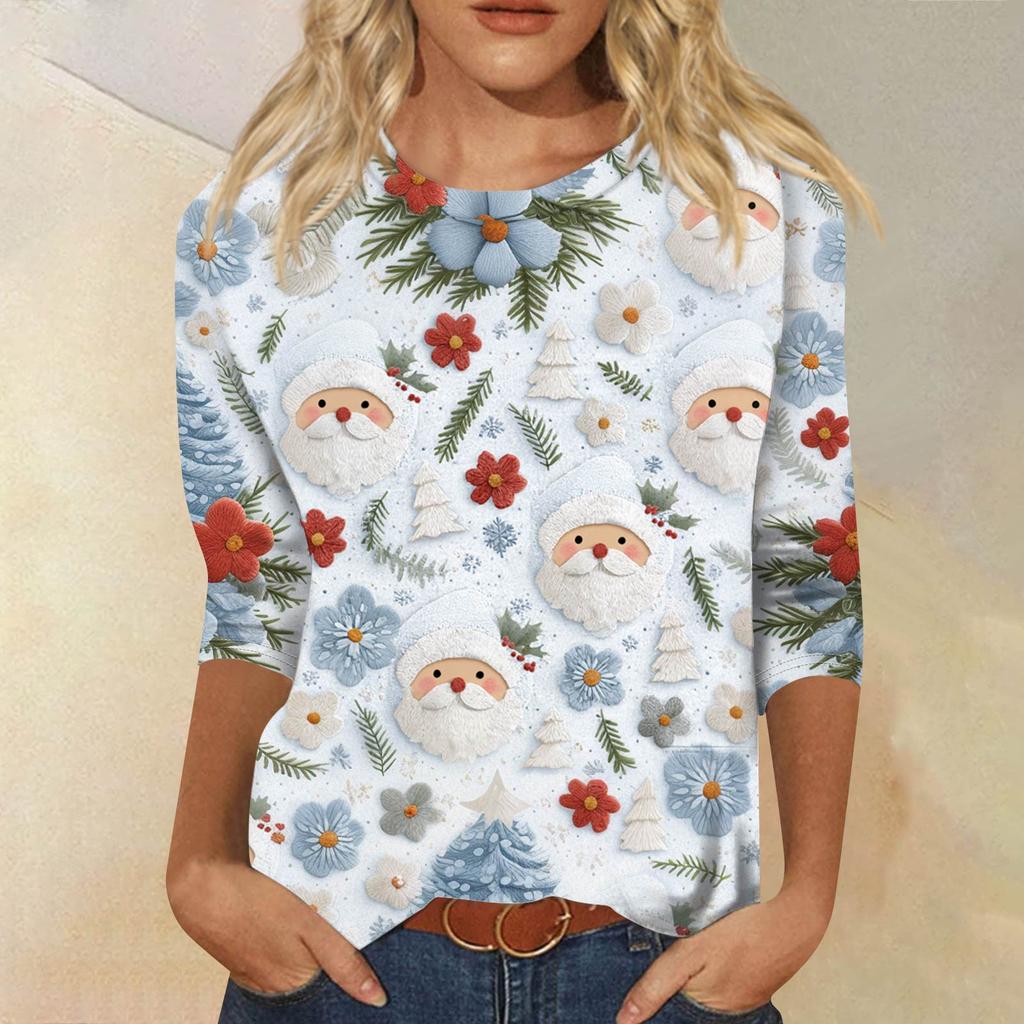 Damenmode, lässig, Rundhalsausschnitt, 3/4-Ärmel, lockeres bedrucktes T-Shirt, Damen-Top