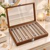 Necklace Storage Display Box with Clear Glass Lid, Separate Long Compartments, Front Clasp and Black Walnut Pattern