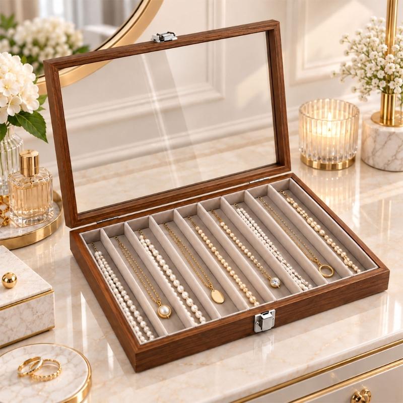 Necklace Storage Display Box with Clear Glass Lid, Separate Long Compartments, Front Clasp and Black Walnut Pattern