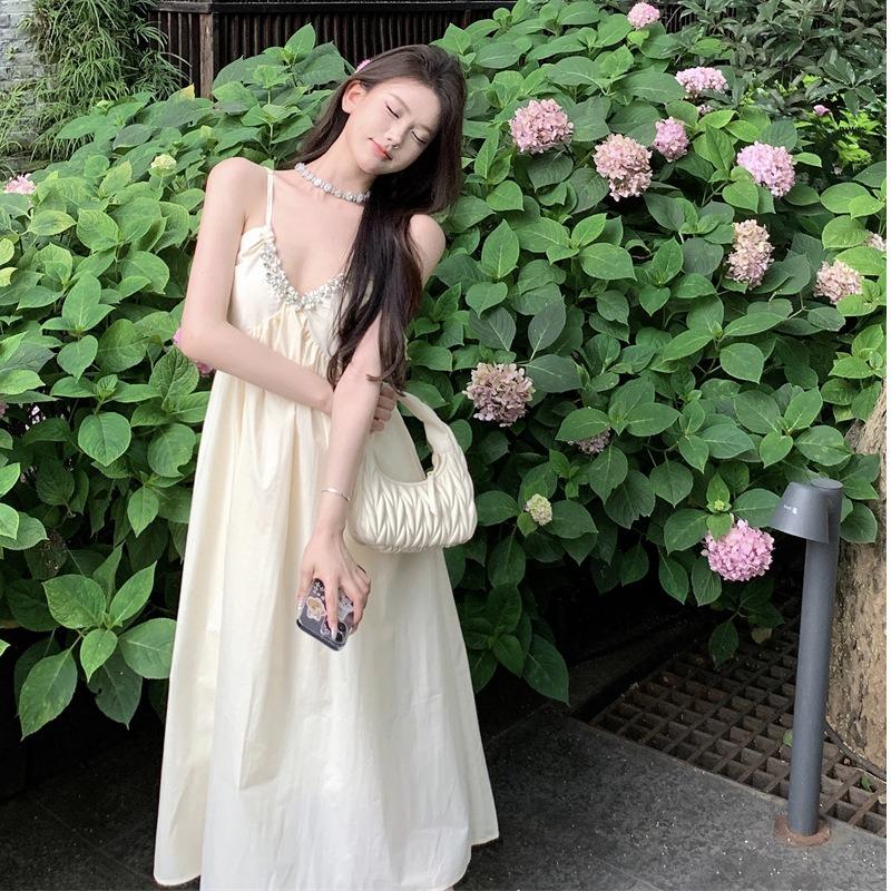 Pure Apricot Neck Sling Dress Women's Summer Xinjiang Yunnan Dali Seaside Vacation Flash Diamond Backless Dress