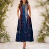 Women Plus Size Keyhole Neck Sleeveless Star Printed A Line Long Dress Red Blue White