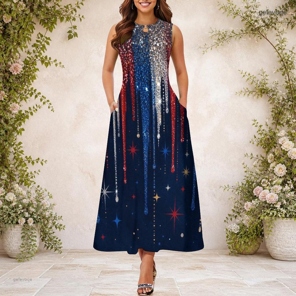 Women Plus Size Keyhole Neck Sleeveless Star Printed A Line Long Dress Red Blue White