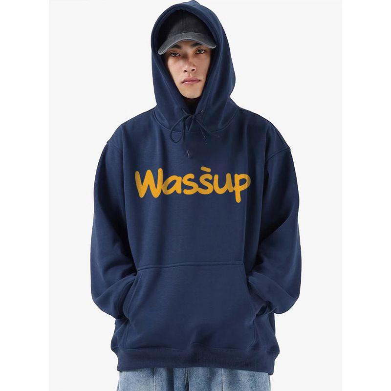 Wassup Letter Print Logo Sweatshirt Men's Hooded Autumn and Winter Fleece-Lined Loose Versatile Couple Pullover Top