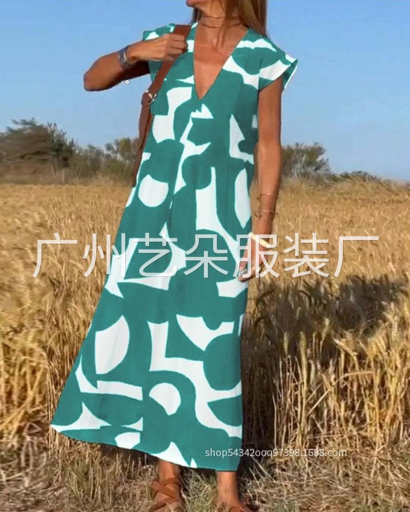Elegant ladylike V-neck loose waist dress, summer fashion new versatile long skirt, Europe and America