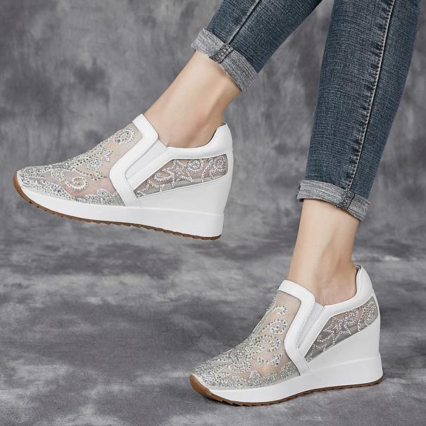 Fashion 8cm Air Mesh Thick Heel Embroider Lace Platform Wedge Bling ZIP Breathable Rhinestone Summer Hollow Women Fashion Shoes