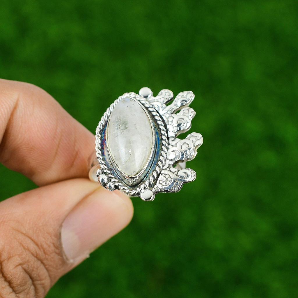 Natural Rainbow Moonstone Multi Stone Adjustable Ring 925 Silver For Girls