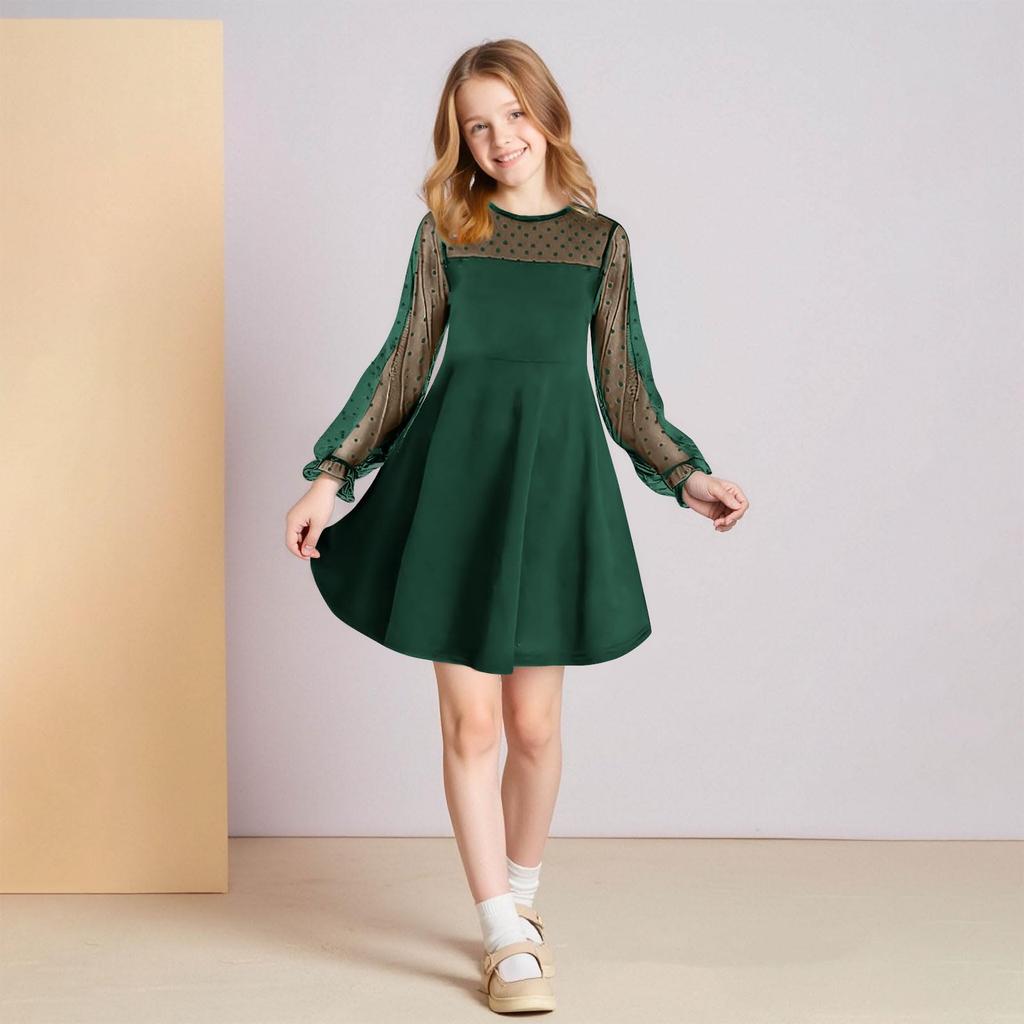 CUHK Mädchen Spitze Langarm Farbe Niedliches Prinzessinnenkleid