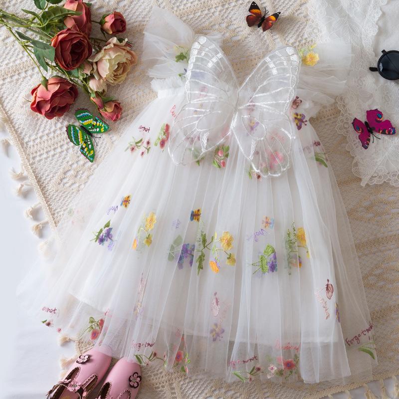 Fashion Toddler Girls  Butterfly Wing Tulle Dress Embroidered Floral Party Dress 120cm белый