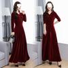 2025 Gold Velvet Long Slim Dress with Long Sleeves - Plus Size Women's Spring/Autumn Fashion
