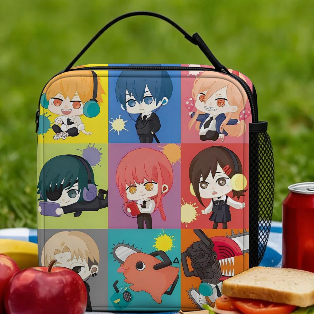 Chainsaws Man Lunch Bag Characters Kawaii Lunch Box Outdoor Portable Zipper Thermal Lunch Bags For Unisex Oxford Cooler Bag