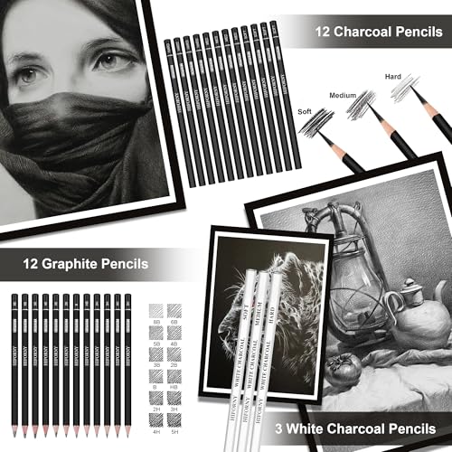 HIFORNY Professional Drawing & Sketching Set: Includes Graphite, Charcoal, Color, Watercolor, and Metallic Pencils, Blending Tool, Sketchbook, Colorin