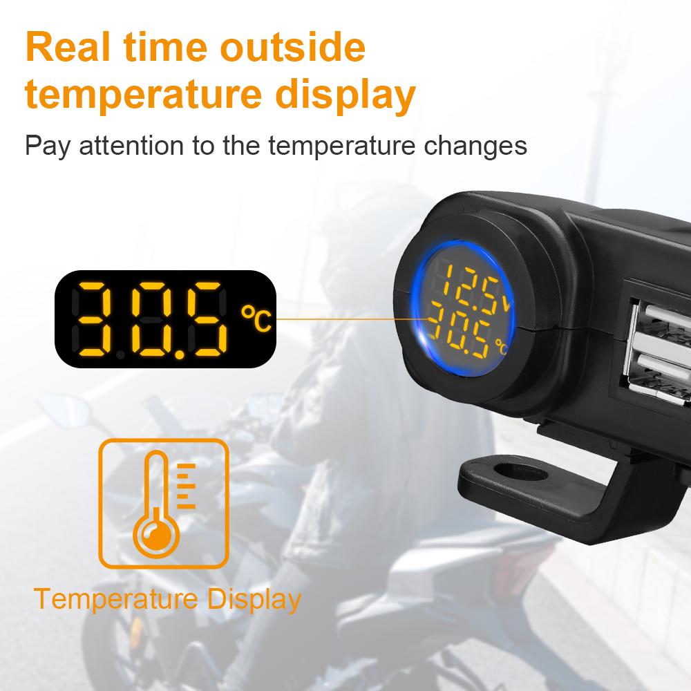 Nabíječka telefonu na motorku Digitální displej 36W QC3.0 Duální USB Rychlá nabíječka Adaptér voltmetru a teploměru pro mobilní telefon